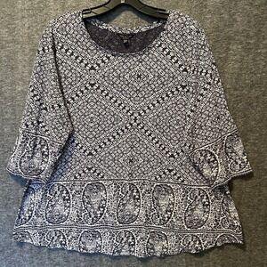 Lucky‎ Brand Top Women 2X Navy Floral Boho Stretch Modal Tunic Tee Shirt Blouse